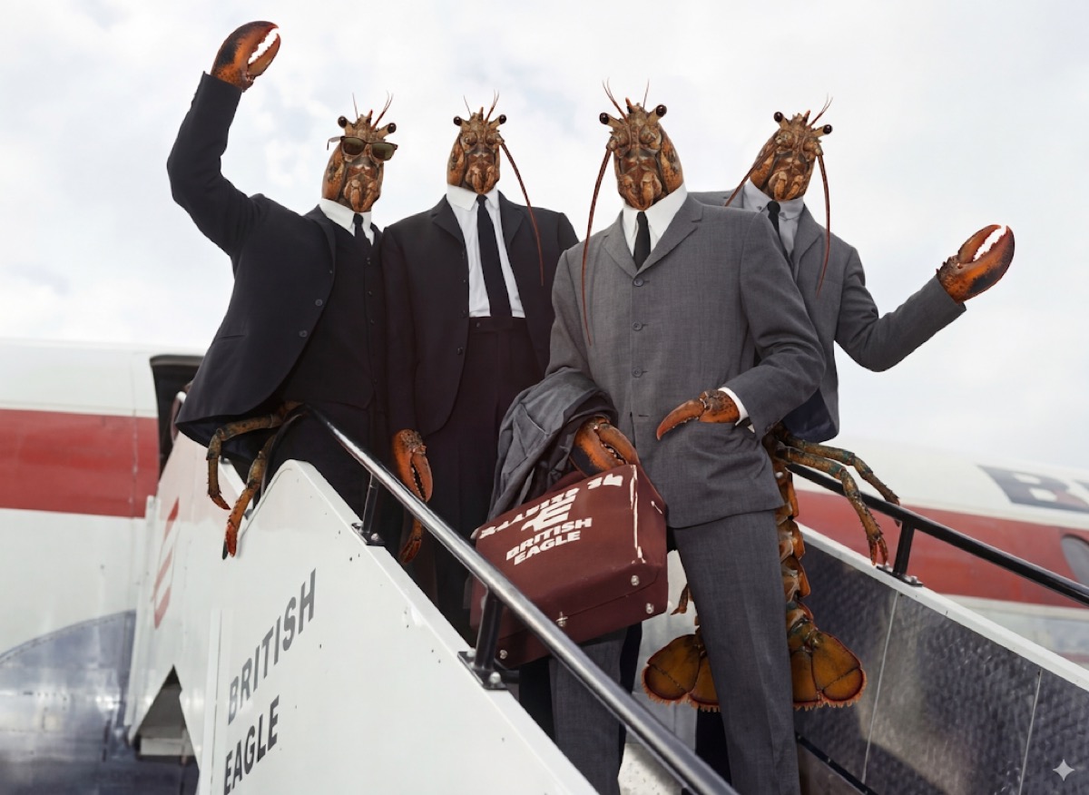 Clawmania — lobsters in suits descending from a plane, Beatles-style